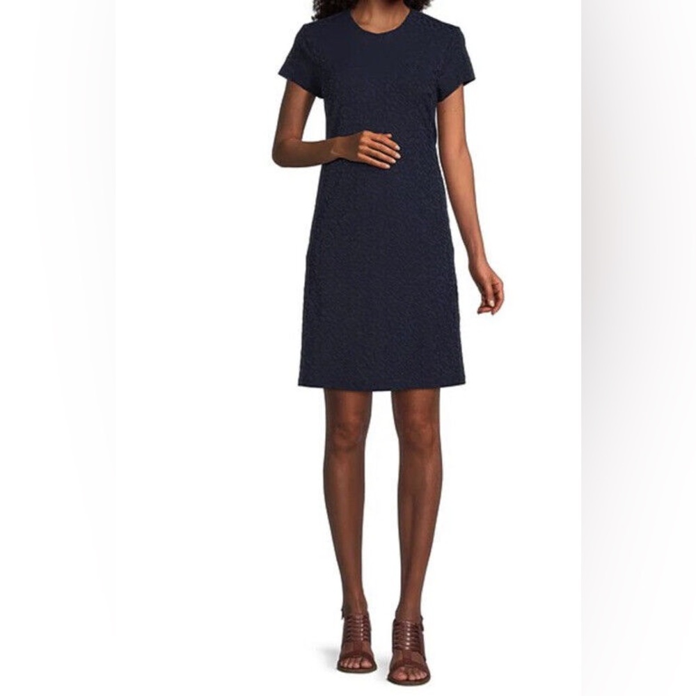 NWT J McLaughlin Damask/Jacquard Crew Neck Short Sleeve Shift Dress Navy